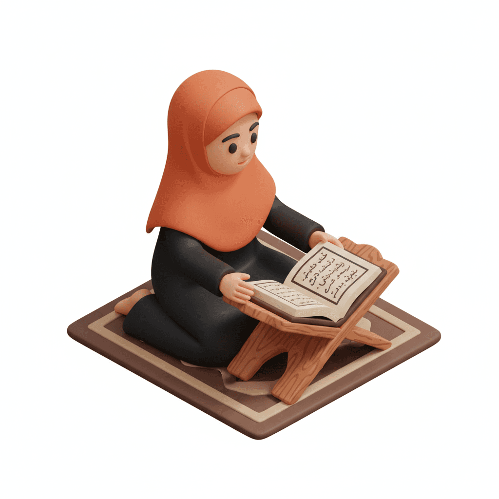 A Muslim girl wearing a syar’i hijab — an orange khimar and a black abaya (gamis) — is reading the Qur’an using a small table designed for Qur’an recitation.
