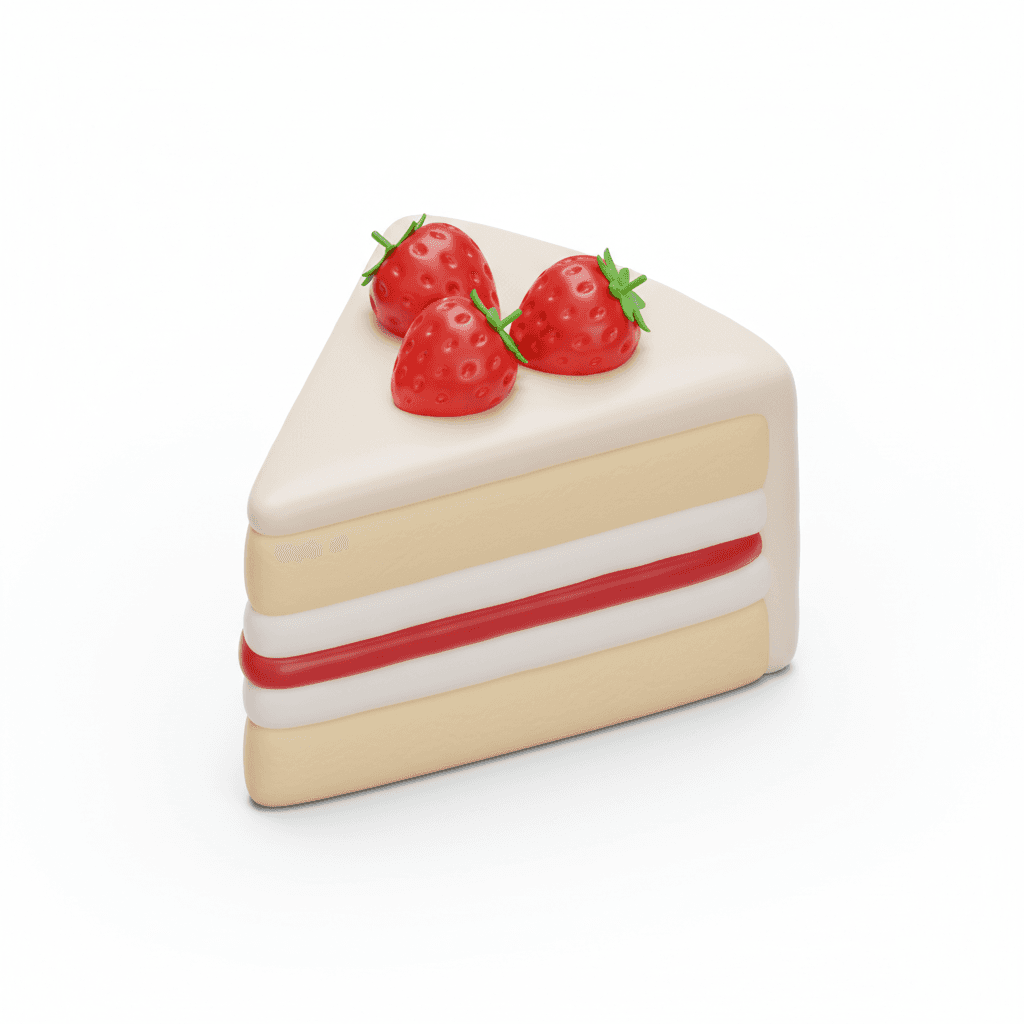 ikon potongan kue isometric 3D, bentuknya empuk dan glossy kayak kulit sintetis. lapisan sponge cake warna krem muda, di tengah ada cream putih dan selai strawberry pink. bagian atas dikasih topping strawberry kecil. lighting dari kiri atas, shadow lembut di bawah.