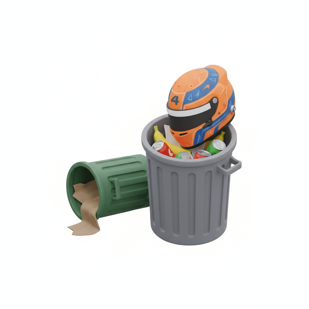 Make a lando norris mclaren f1 driver (helmet of) that got trip by a trash can and ended up on trashbin