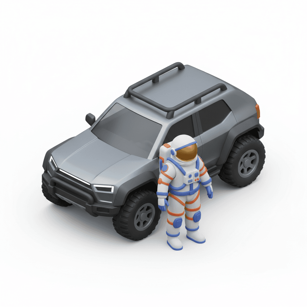 astronaut in front of a car