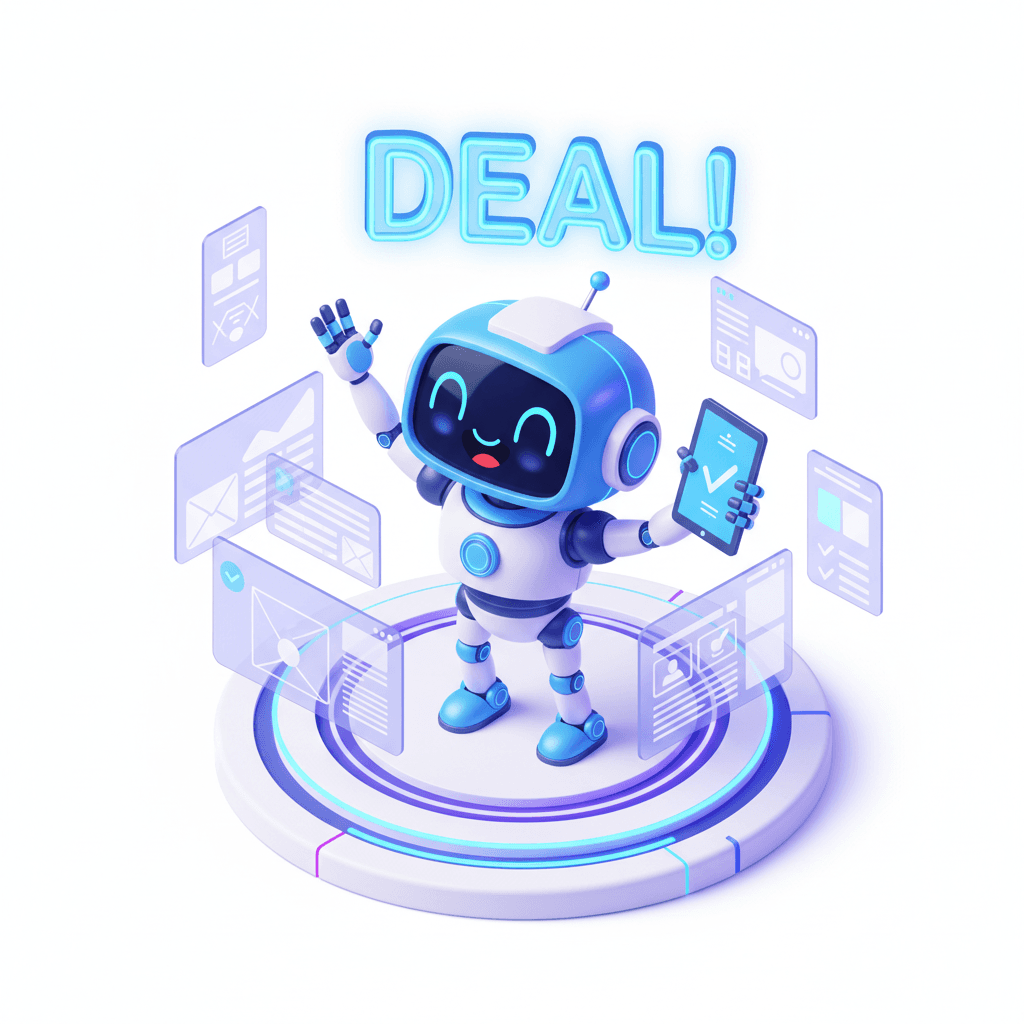 a cute blue futuristic robot in isometric view, celebrating happily after closing a client deal thanks to the power of mockup design, standing on a futuristic workspace with holographic mockup floating, text "DEAL!" shining in hologram above, joyful expression, soft neon lighting, glossy blue and white metal texture, Pixar-style 3D render, high detail, 4K, isometric perspective