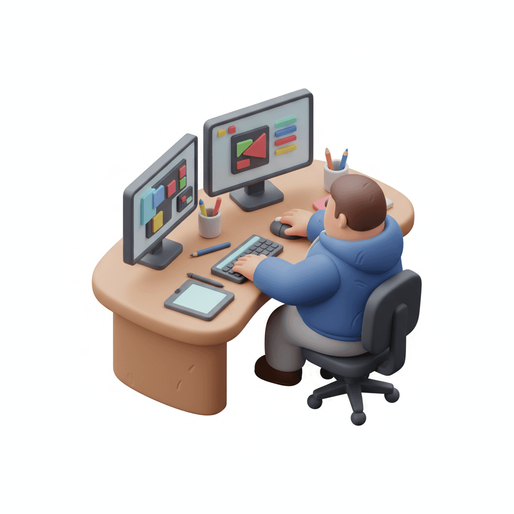 seorang desain grafis dengan workflow desktop dengan 2 layar