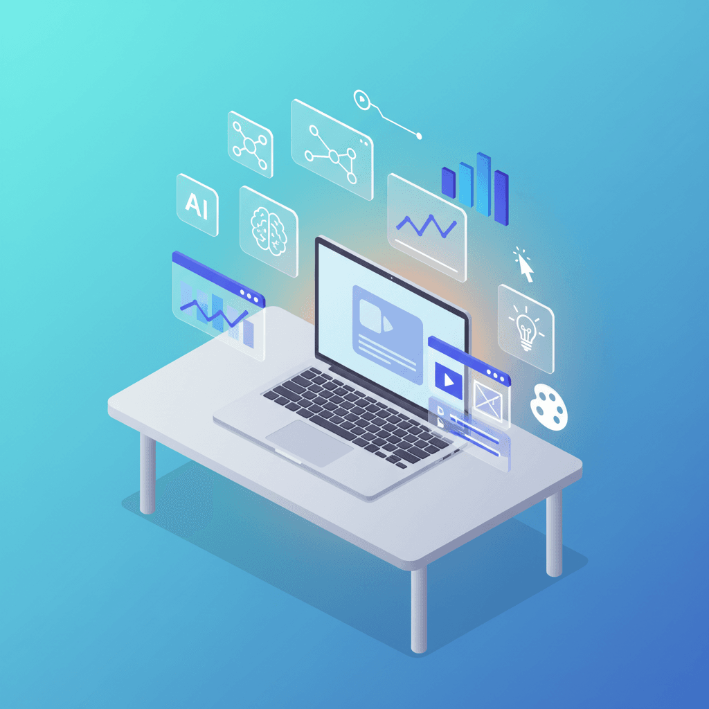 A clean flat 3D illustration of a modern digital workspace. A laptop on a minimal desk with floating digital elements around it — such as AI icons, design templates, charts, video editing tools, and creative symbols. Bright teal and blue gradient background with soft orange accent lighting. Minimal, futuristic, and creative startup vibe. No text, no branding, visually balanced for a website hero section background.