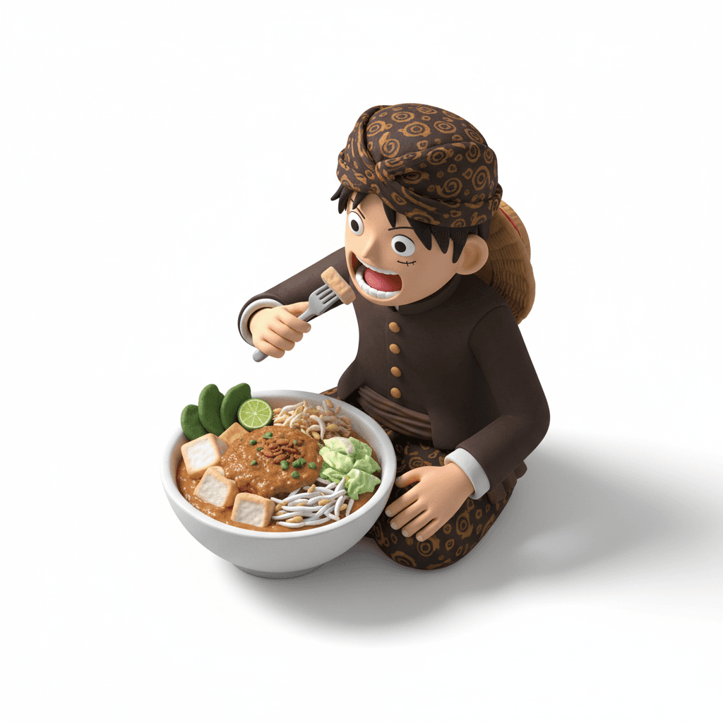 luffy makan ketoprak dengan outfit jawa