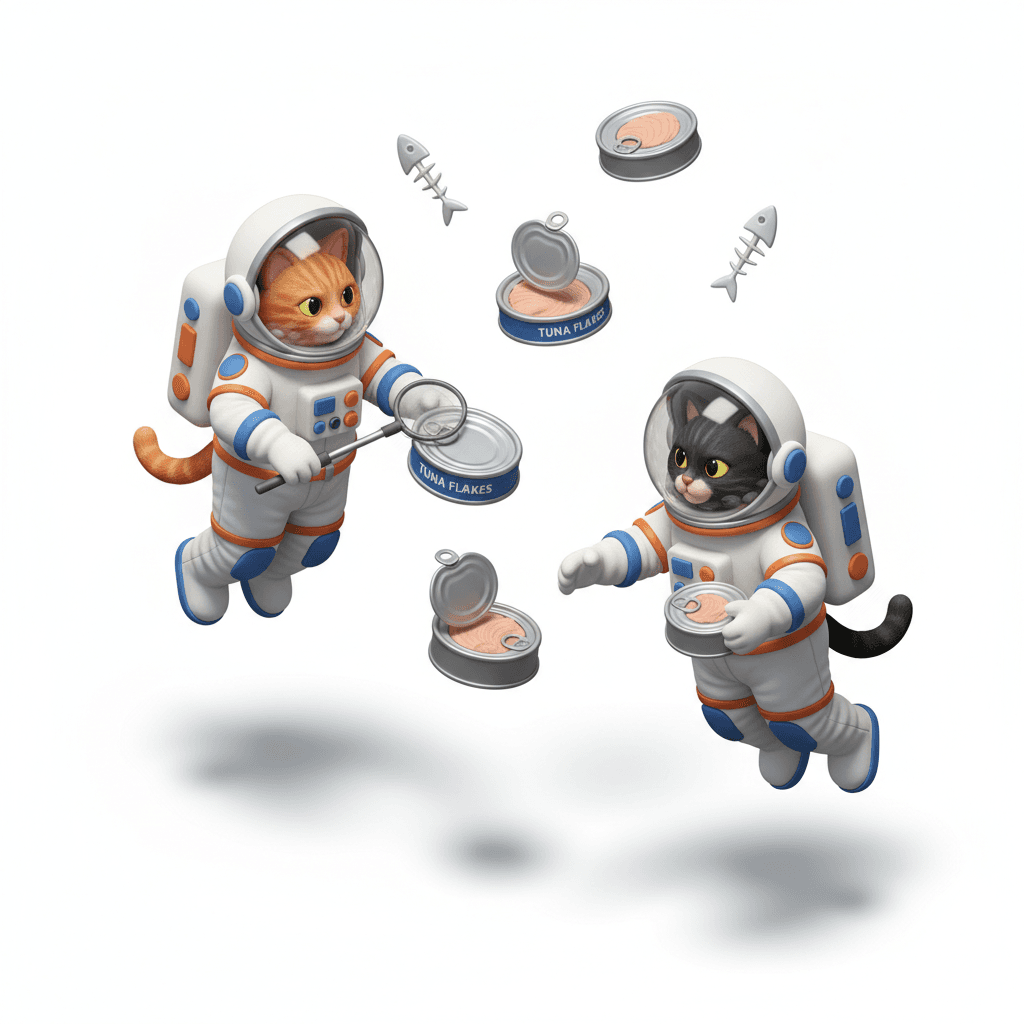 Astronaut cats with catching floating cans of tuna😂✨
