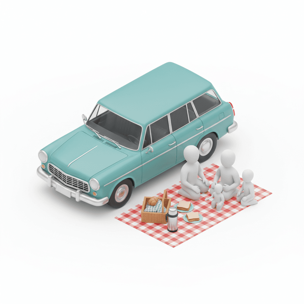 Car and children picnik with she family faceless