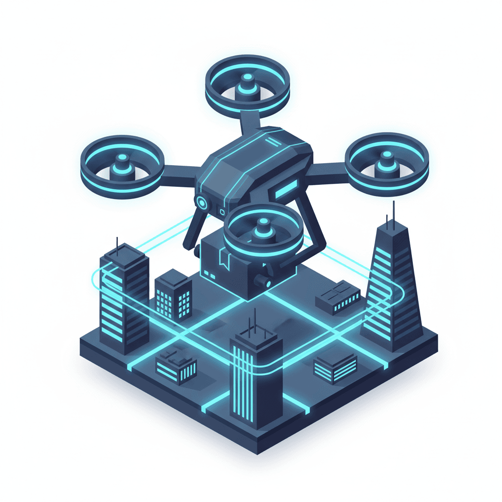 Drone Delivery, dalam kategori Urban Future City – Isometric Glow, Gaya: Isometric modern + soft glow, warna Dark Navy