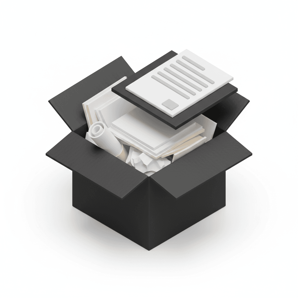 Opened Black box paper materials with a documen on top box 