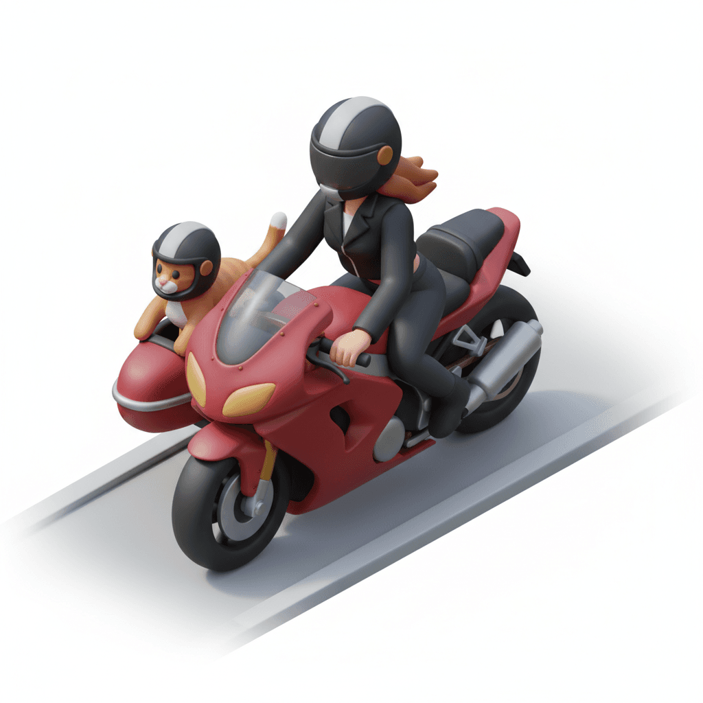 Wanita mengenakan jaket kulit crop dan helm, sedang ngebut dengan motor racing nya, bersama kucing jingga yg mengenakan helm juga