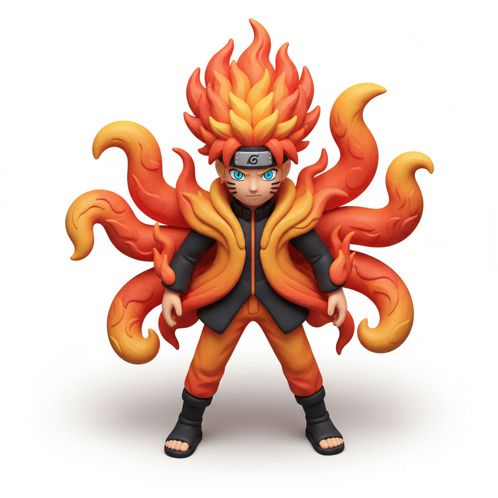 object: "naruto uzumaki new version mode".
style: "a claymation aesthetic. The object should have smooth, clean surfaces and a slightly matte or satin finish".