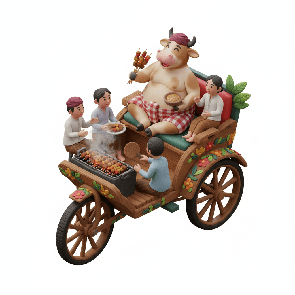 Cowo makan sate diatas becak roda 5