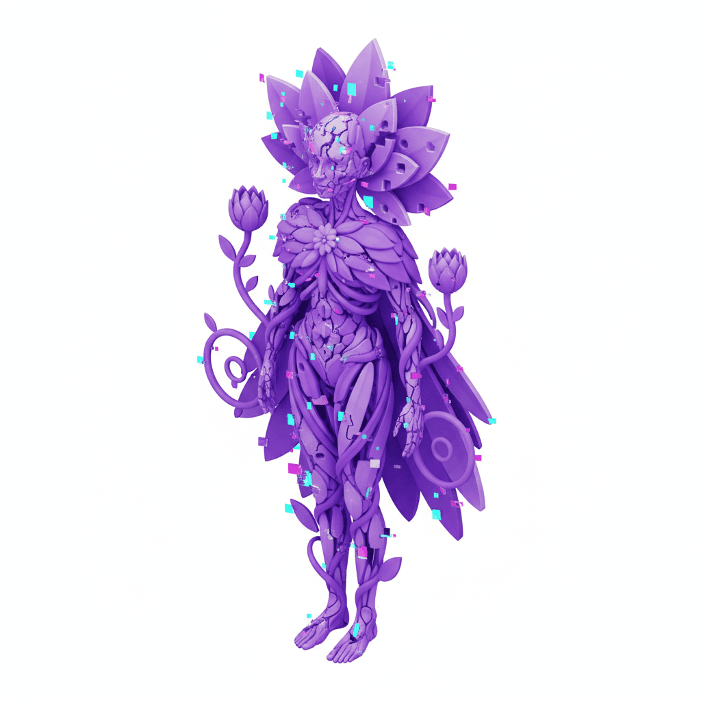 Human-flower hybrid (pada kategori Surreal AI Hybrid Icons), dengan Gaya: Glitch + surreal fusion, dengan warna glitch purple