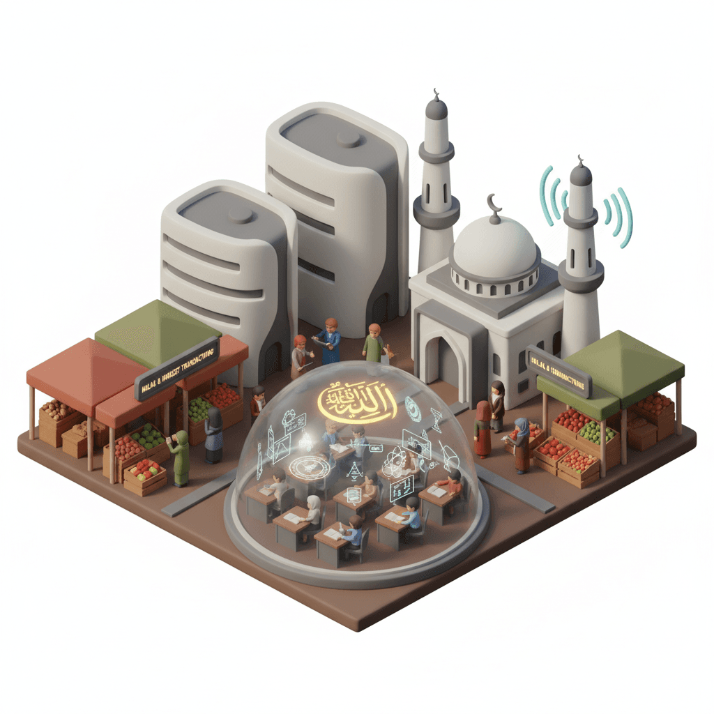 Bayangkan sebuah kota tempat azan bergema di antara gedung riset modern, pasar dipenuhi transaksi halal yang jujur, dan anak-anak belajar sains di bawah cahaya kaligrafi ayat Al-Qur’an.
