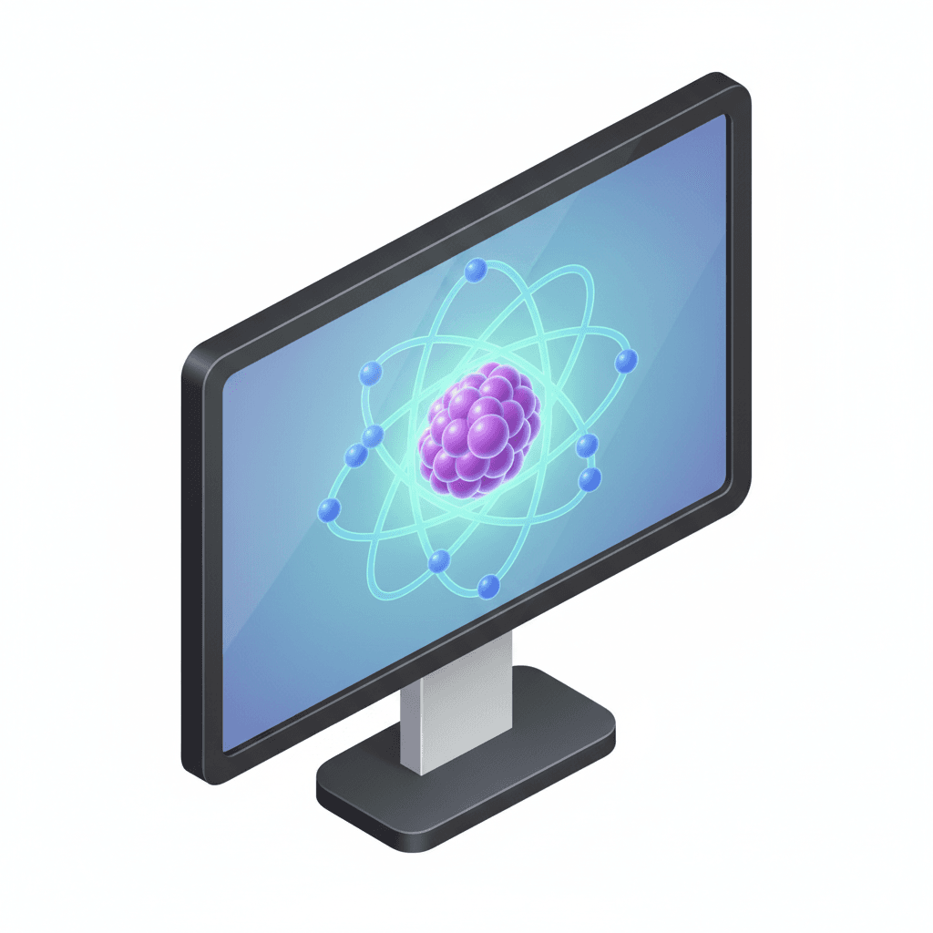 An Interactive Flat Panel displaying a 3D model of an atom, 3D isometric icon for science education.