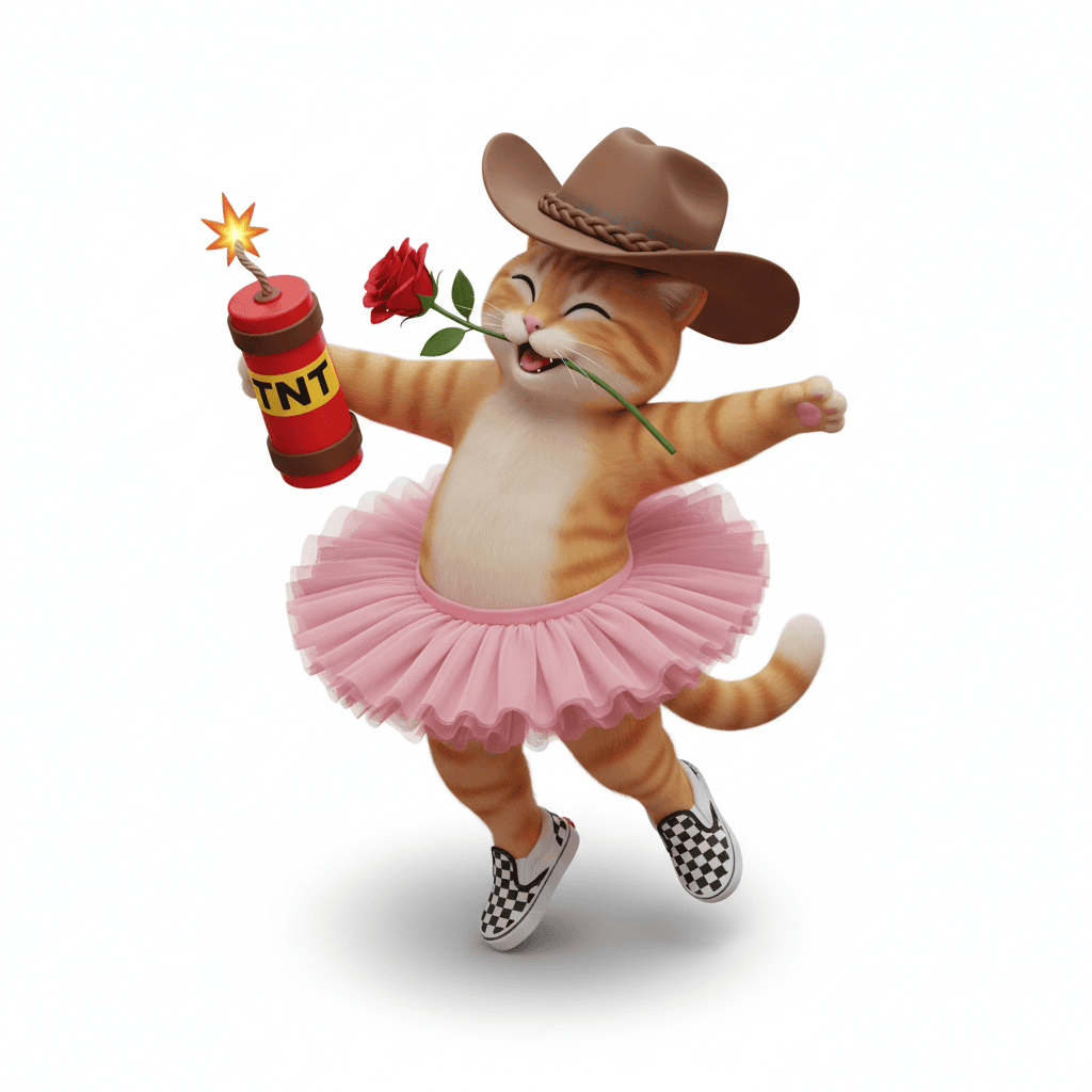 kucing orange pake rok balet + sepatu vans + topi koboy sedang joget pegang TNT gigit bunga rose 