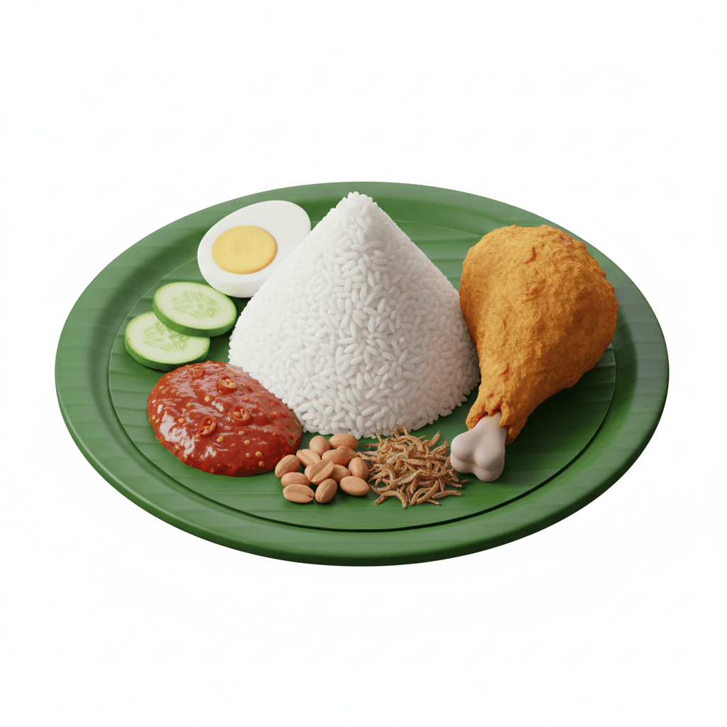 Nasi Lemak

isometric 3D icon of nasi lemak with rice, sambal, fried chicken, cucumber, egg, and peanuts on banana leaf plate, Malaysian traditional dish, realistic colors, clean background