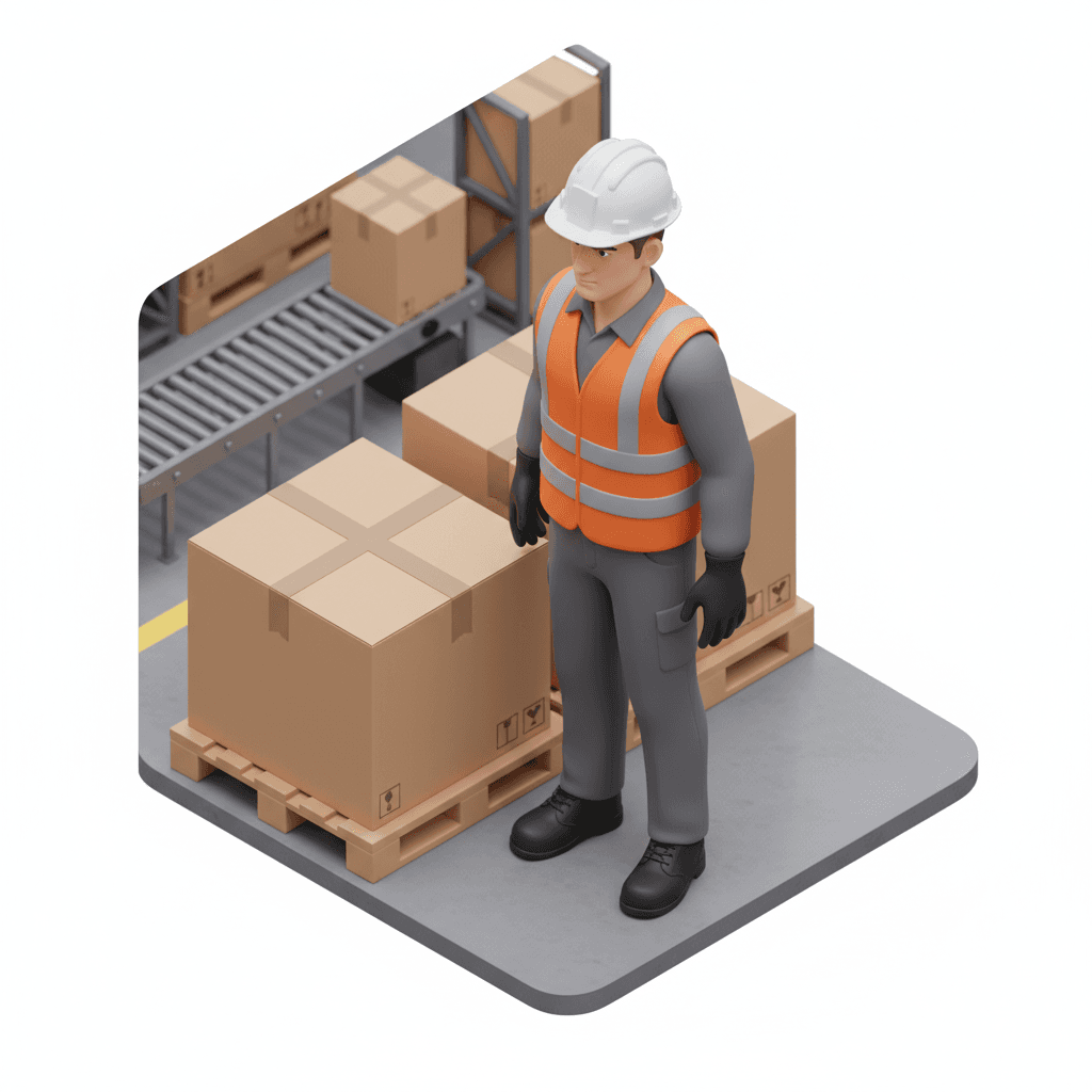 A male worker in the delivery warehouse section, wearing a white helmet and an orange vest with reflective silver stripes. His uniform consists of a grey top and bottom, complete with black safety shoes and gloves