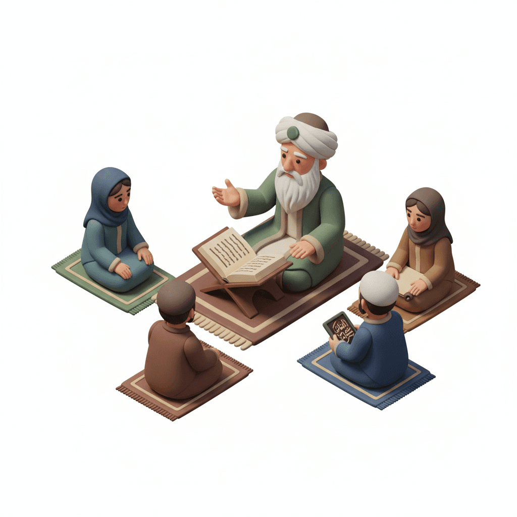 An Islamic scholar is teaching his students in a circle (halqah), looking deeply devoted and solemn.
