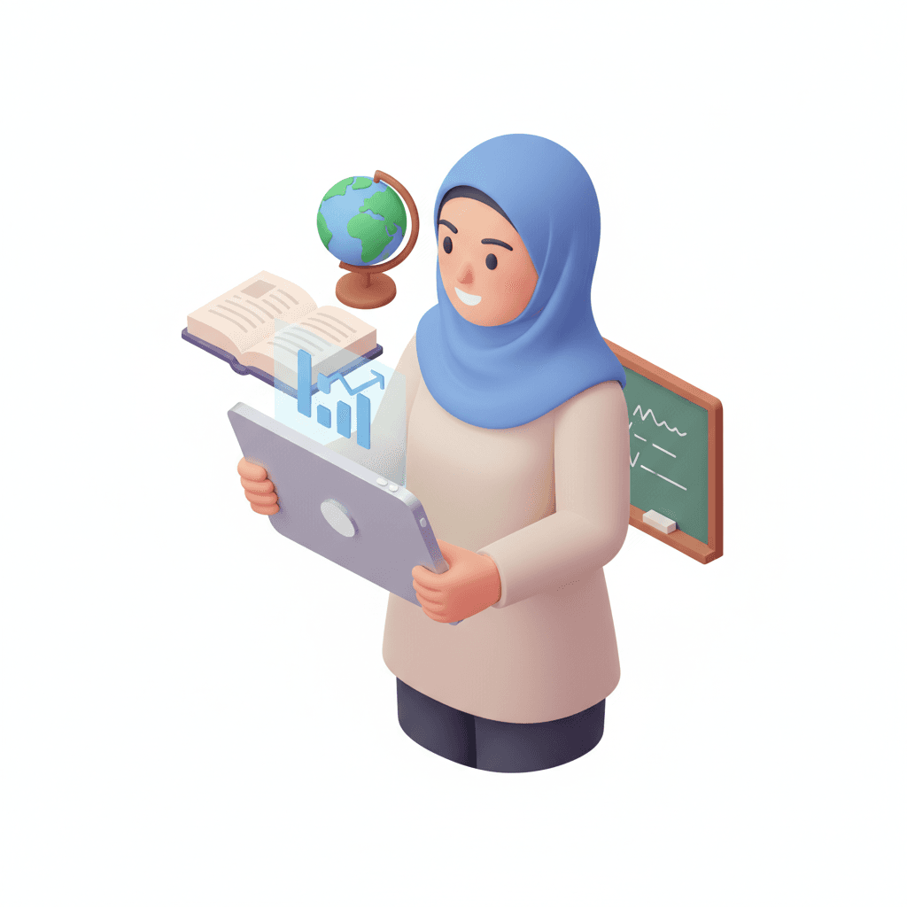 Stylized icon of a friendly teacher holding a digital tablet, modern flat design, with subtle classroom elements in the background..
guru wanita berhijab