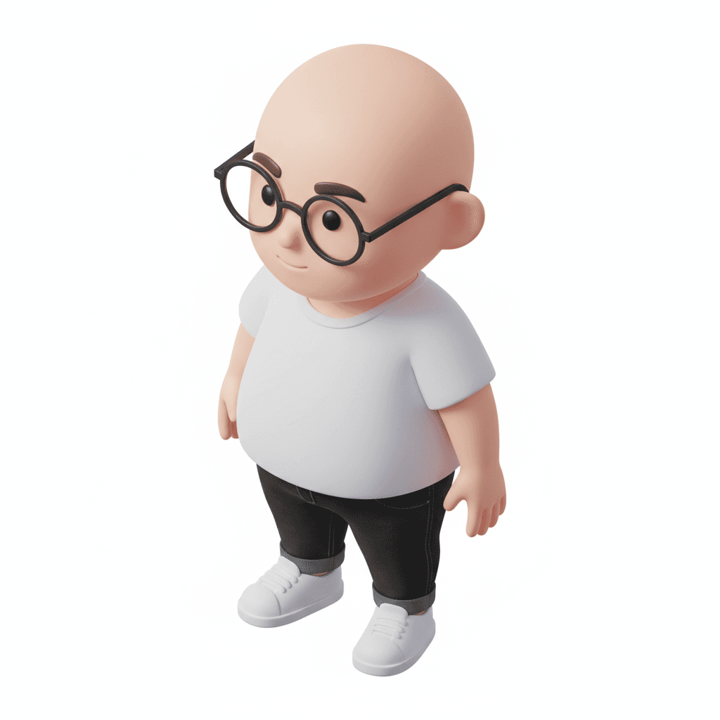 3D chibi anime bald guy with glasses using white t-shirt and black jeans, with white shoes