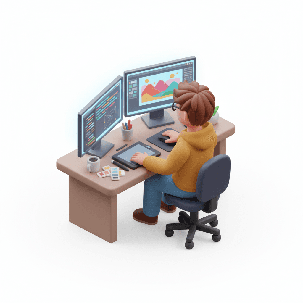 seorang desain grafis dengan 2 layar, salah satu layarnya mode potrait ya. Karakter berkacamata dengan rambut pendek yang acak-acakan dikit. pakaian kasual 