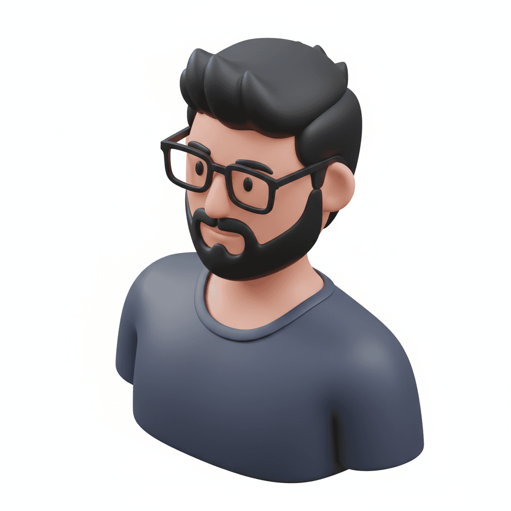 Face & Head:  Round face with a short trimmed beard and mustache, plus a small goatee under the chin.  Short, slightly messy black hair.  Wearing rectangular black glasses.  Calm, neutral facial expression.   Clothing:  Casual dark gray/blue sportswear T-shirt with no visible logos.  Simple, comfortable look.