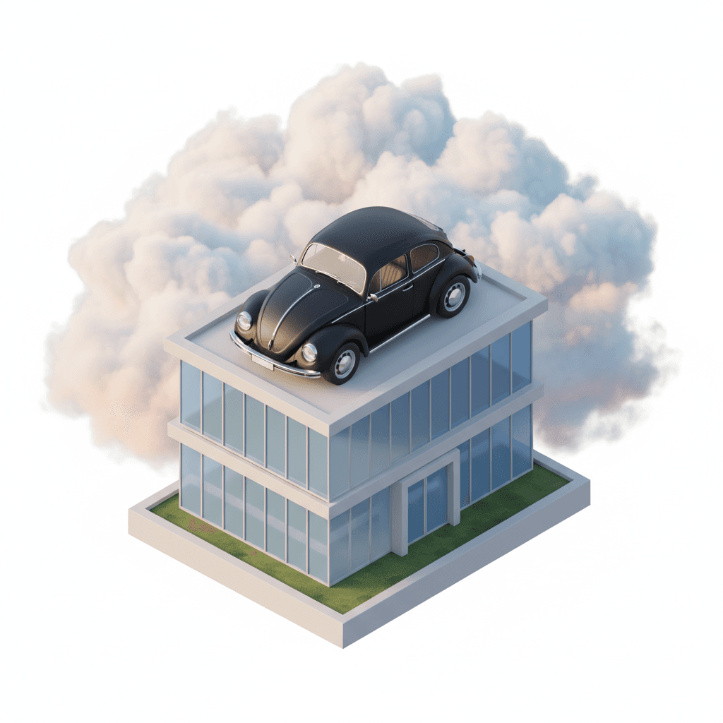 VW kodok berwarna hitam berada di atas gedung berlatar belakang awan yang sangat indah