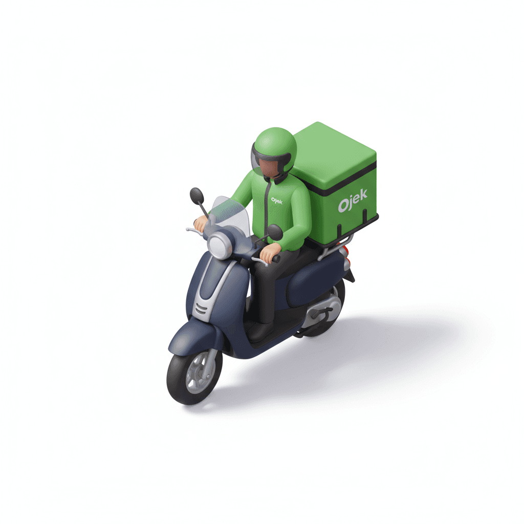 ojek online lagi nganter makanan pakai motor ada box nya, menghadap ke depan