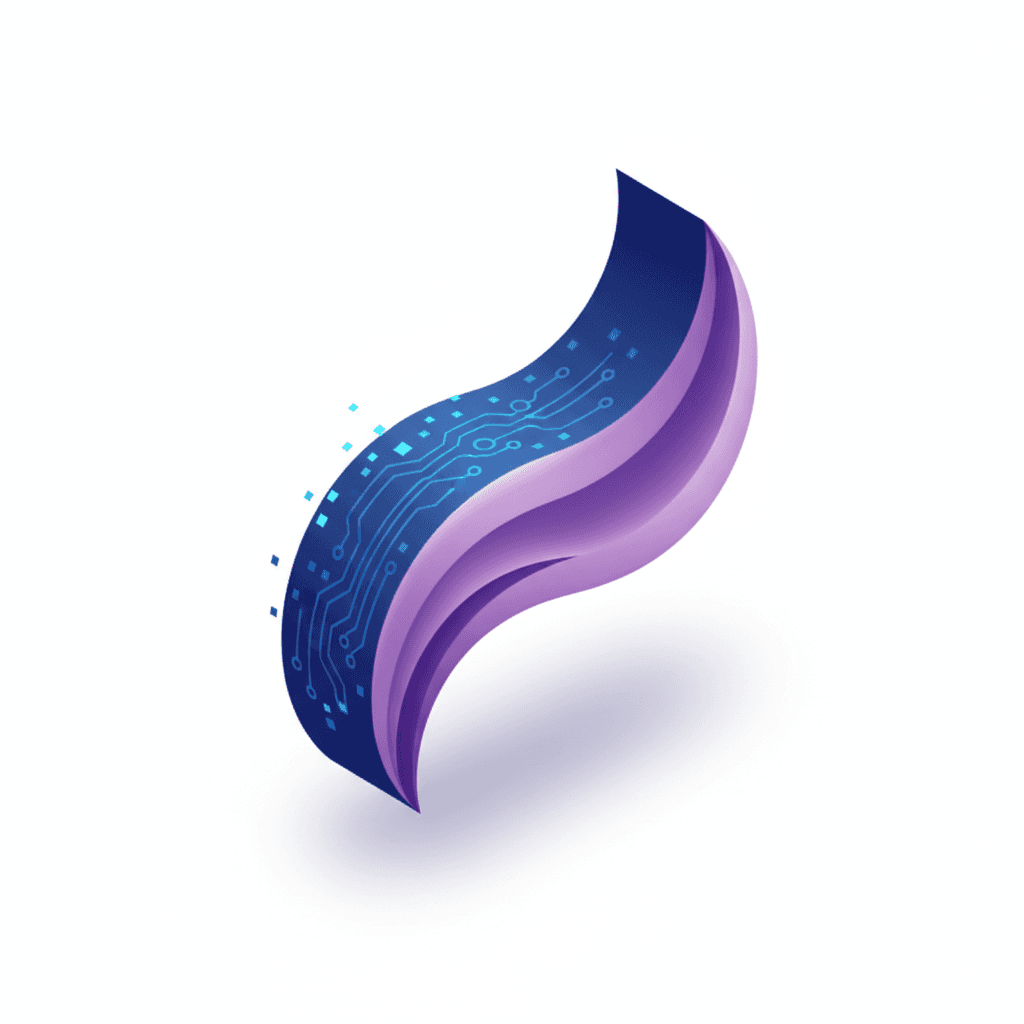 minimalist abstract logo for "KerjaModis". The icon is an abstract representation of a flowing, dynamic stream or wave. One side of the wave has subtle digital elements like tiny pixels or circuit traces, representing 'Kerja' and technology. The other side of the wave flows with soft, organic, elegant curves, representing 'Modis' and fabric. Color palette: gradients from deep tech-blue to soft fashion-purple. Isolated on white background.