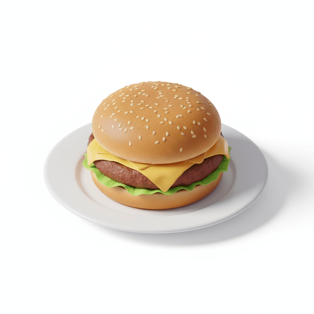 isometric 3D icon of a single burger with melted cheese and lettuce, placed on a clean minimal white plate, modern food app style, soft shadows, realistic colors