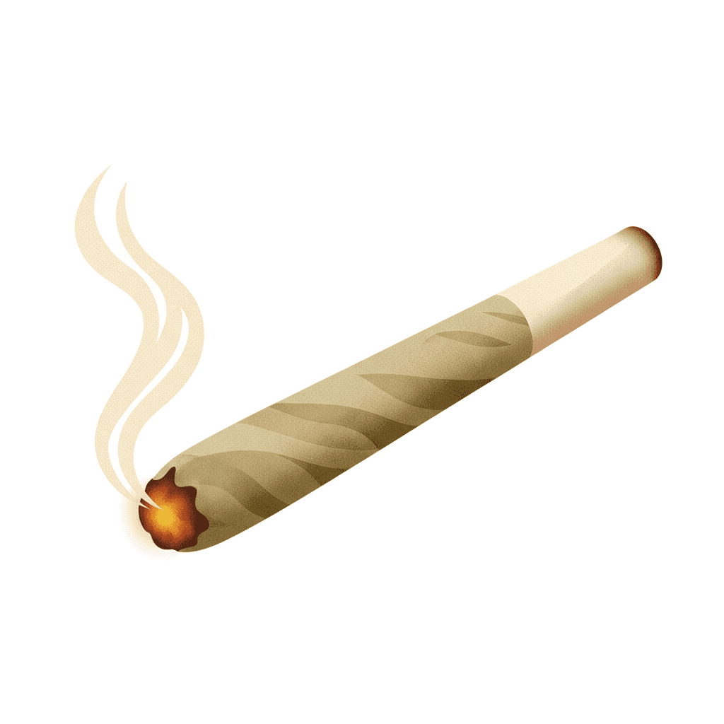 An icon of a rolled joint with gentle smoke rising, in a classic retro 1950s illustration style. The joint is slightly uneven, wrapped in thin rolling paper with a small burning tip glowing orange. Use a warm muted color palette (cream, brown, olive green, faded red), with subtle grain texture and soft shading. The design should feel nostalgic, minimalistic