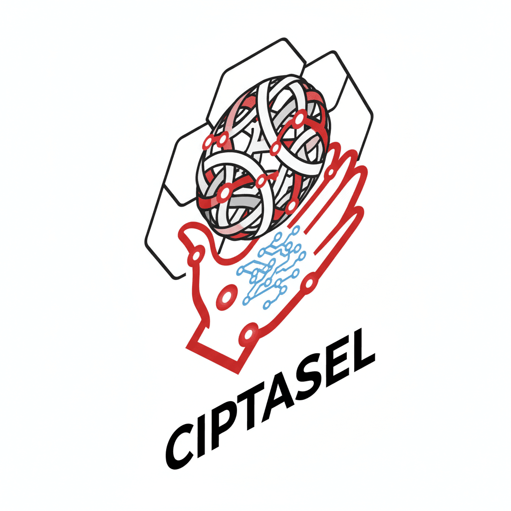 Professional emblem logo for **CIPTASEL**, a medical AI company in precision medicine and digital cell simulation. Use **Tridatu colors** (red, white, black). Show fusion of **human + AI** through a **digital cell or neural sphere** merging with a **hand or face outline**. Clean, minimal, futuristic, symmetrical. Bold sans-serif “CIPTASEL.” Clinical tone, geometric precision. Background white or transparent.
