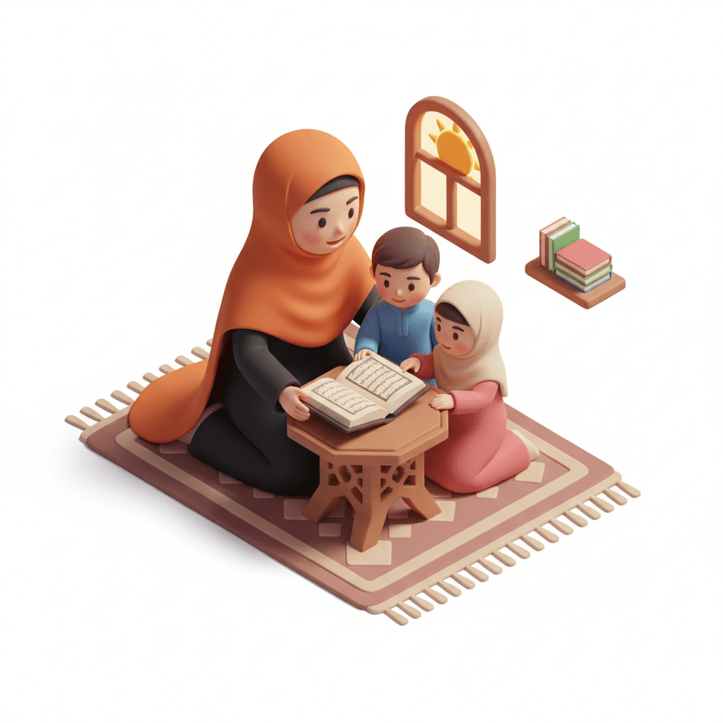 A Muslim woman wearing a syar’i hijab — an orange khimar and a black abaya (gamis) — is reading the Qur’an on a small recitation table, while teaching her two children, a boy and a girl.
The daughter is also wearing a syar’i hijab, and they are all sitting together in a peaceful and warm atmosphere of learning the Qur’an.


