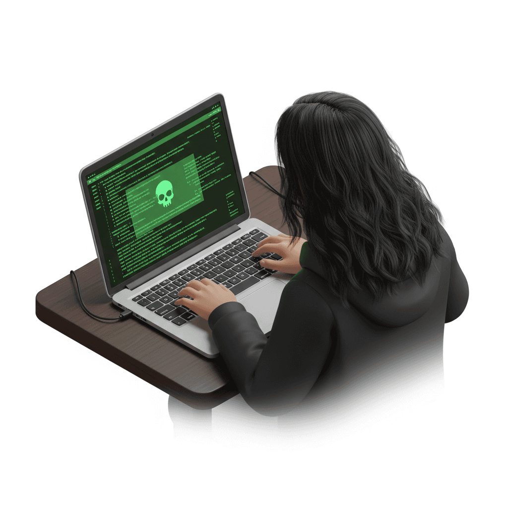 a hacker with a screen laptop with long hair until shoulder from back
