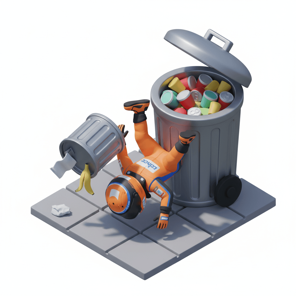 Make a lando norris mclaren f1 driver as a person that got trip by a trash can and ended up on trashbin

