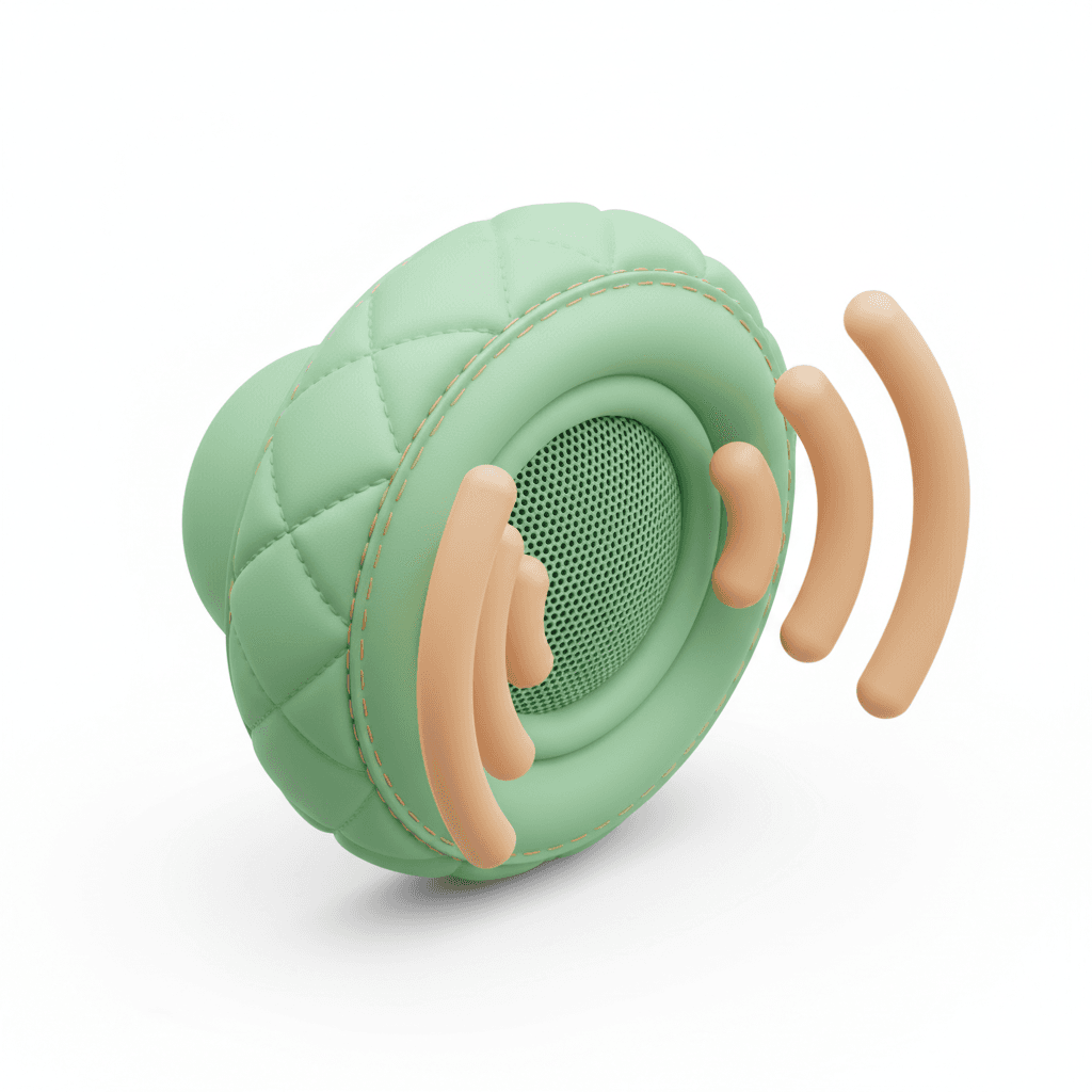 ikon speaker gaya isometric 3D, bentuknya kayak empuk mengembang gitu, ada efek jahitan di pinggirnya, bahan mirip kulit sintetis lembut warna hijau pastel. dari speaker keluar gelombang suara warna oranye pastel, lighting-nya lembut dari atas kiri, background putih bersih kayak studio.