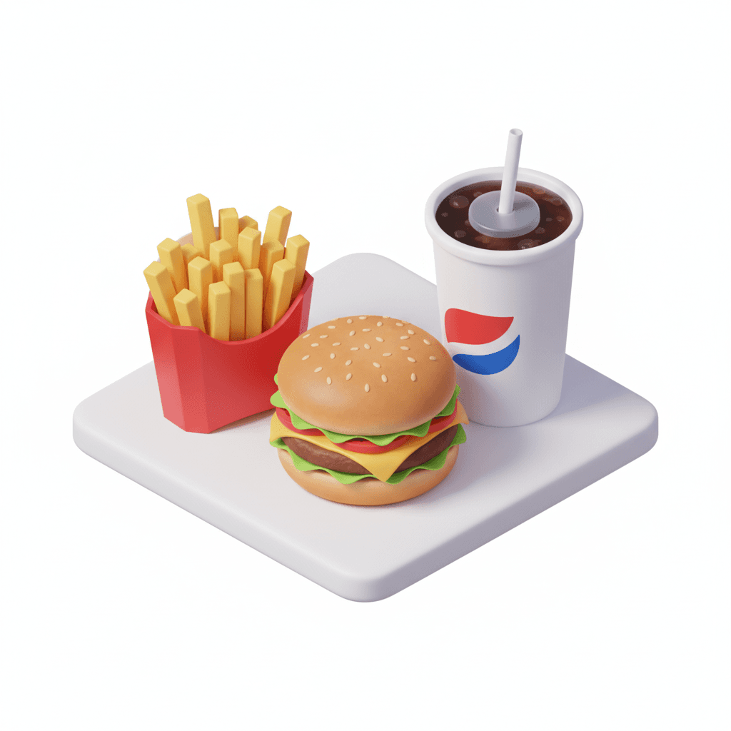 isometric 3D icon of a burger, fries, and drink cup arranged neatly as a combo meal, bright fast-food aesthetic, minimal clean design, soft shadows