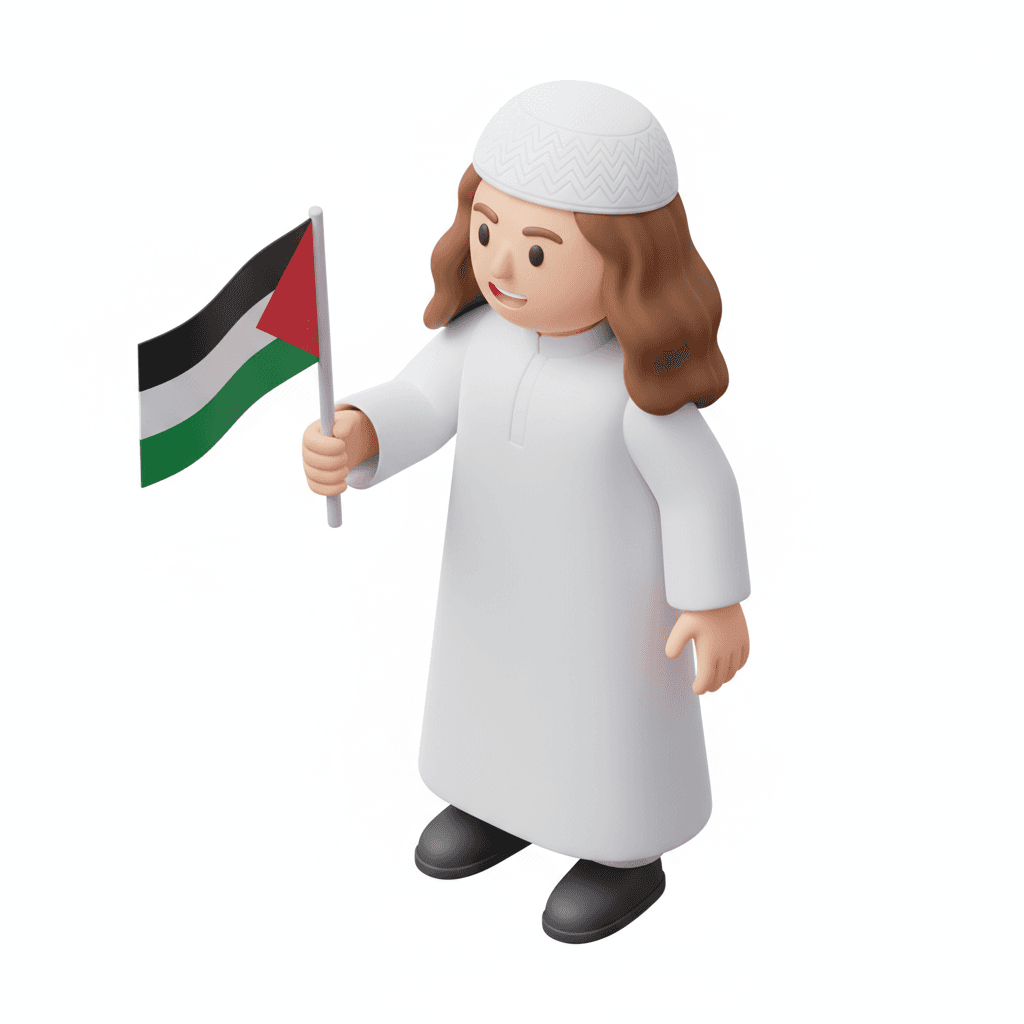 a moslem student with white jubah smile and long hair until shoulder, use kopiyah, and bring the palestine flag