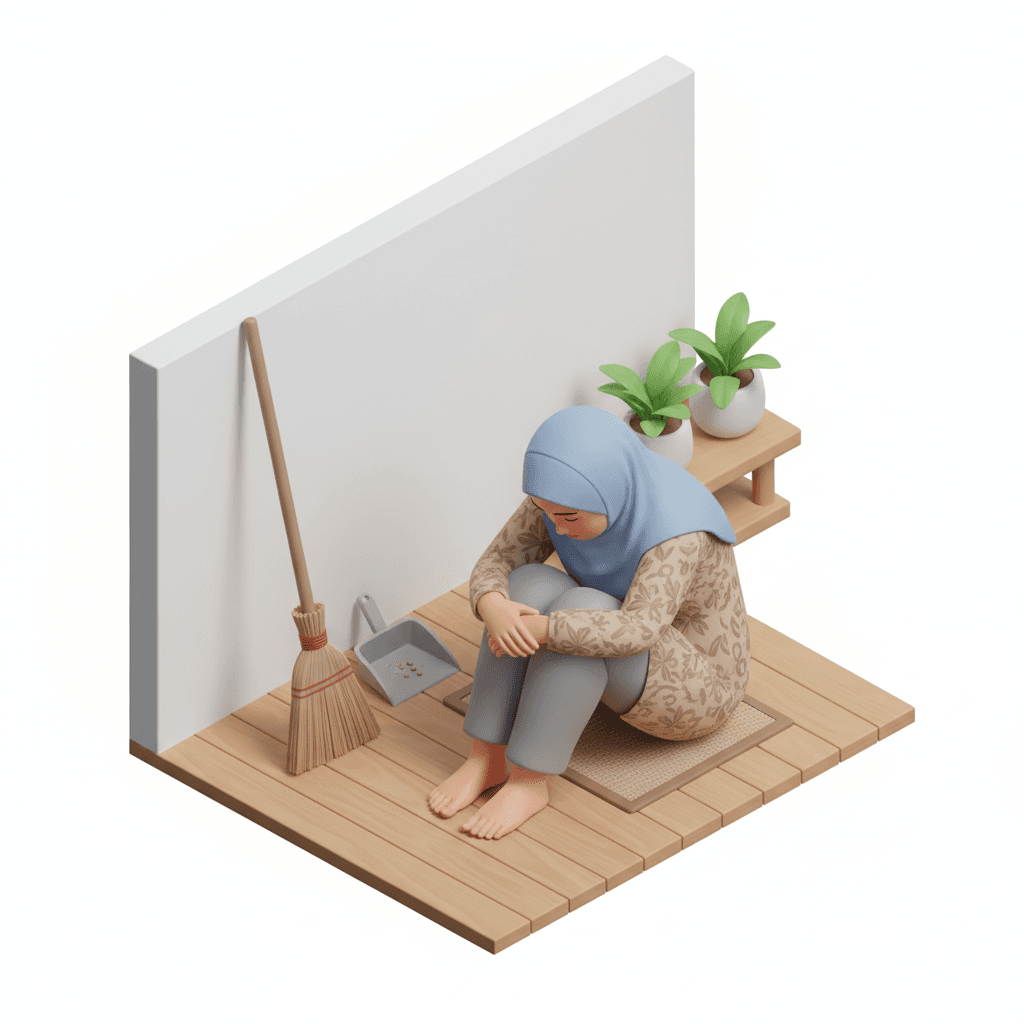 ibu rumah tangga berjilbab kecapekan habis nyapu rumah