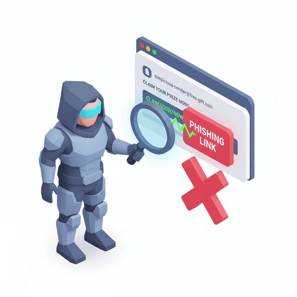 isometric cyber investigator inspecting suspicious email, phishing link detection, digital magnifier icon
