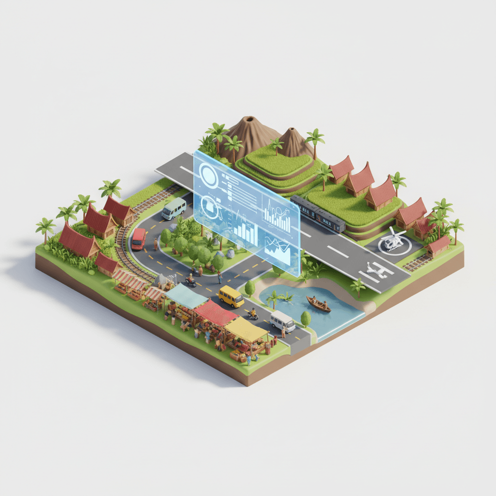 landscape kabupaten di Indonesia dengan berbagai aktifitas sosial seperti pasar, transportasi darat, air dan udara. Juga terdapat papan transparan yang menampilkan data dari kabupaten tersebut. Buat dalam bentuk gambar memanjang.