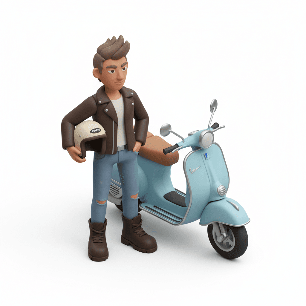 sekarang pose gaya cool di depan motor vespa matic nya, sambil pegang helm vespa merk piaggio