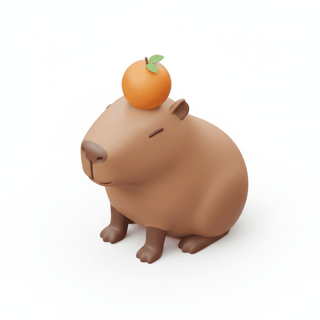 A 3D icon of a capybara with a small orange on its head.