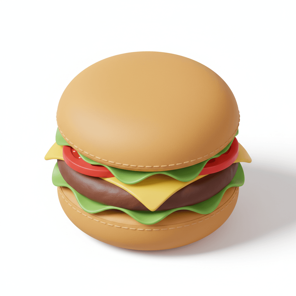 ikon burger 3D gaya isometric, bentuknya kayak mainan kulit sintetis empuk, ada efek jahitan di pinggir roti. warna roti coklat keemasan, isiannya ada daging coklat tua, keju kuning, selada hijau, tomat merah. lighting studio lembut dari kiri atas, shadow halus di bawah