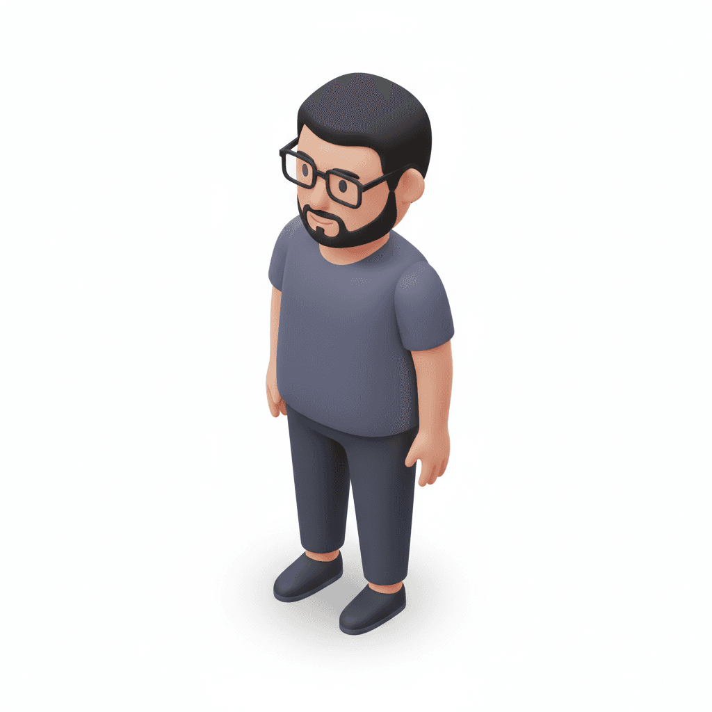 Isometric full-body avatar of a man with short black hair, rectangular black glasses, round face with a trimmed beard and small goatee. He is wearing a dark gray/blue casual sports T-shirt, standing in a relaxed upright pose, in clean minimalist vector style. Smooth lines, slightly rounded features for a friendly look, natural skin tone, muted clothing colors. Rendered in isometric 3D perspective at 30° angle, with a simple shadow below and transparent background