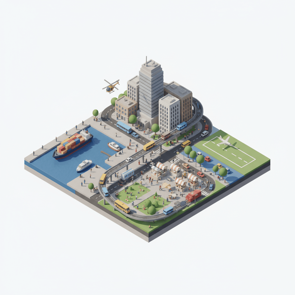 landscape perkotaan dengan berbagai aktifitas seperti transportasi darat, laut, udara dan aktifitas sosial lainnya