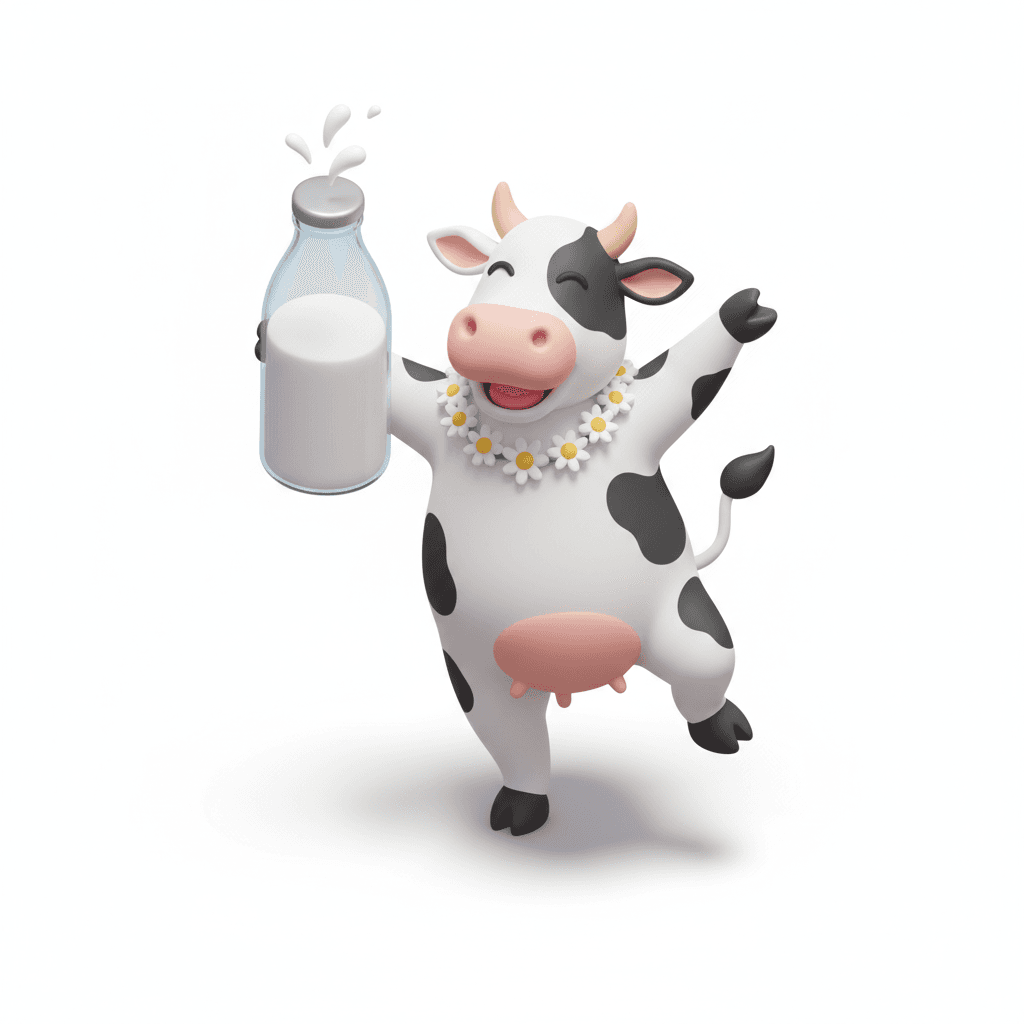 Dancing cow holding a bottle of milk