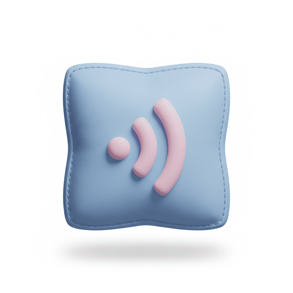 ikon speaker gaya isometric 3D, bentuknya empuk mengembang kayak bantal kulit sintetis, ada efek jahitan di pinggir. warna body-nya biru pastel lembut, dan gelombang suaranya warna pink pastel. lighting lembut dari kiri atas, background putih polos biar clean