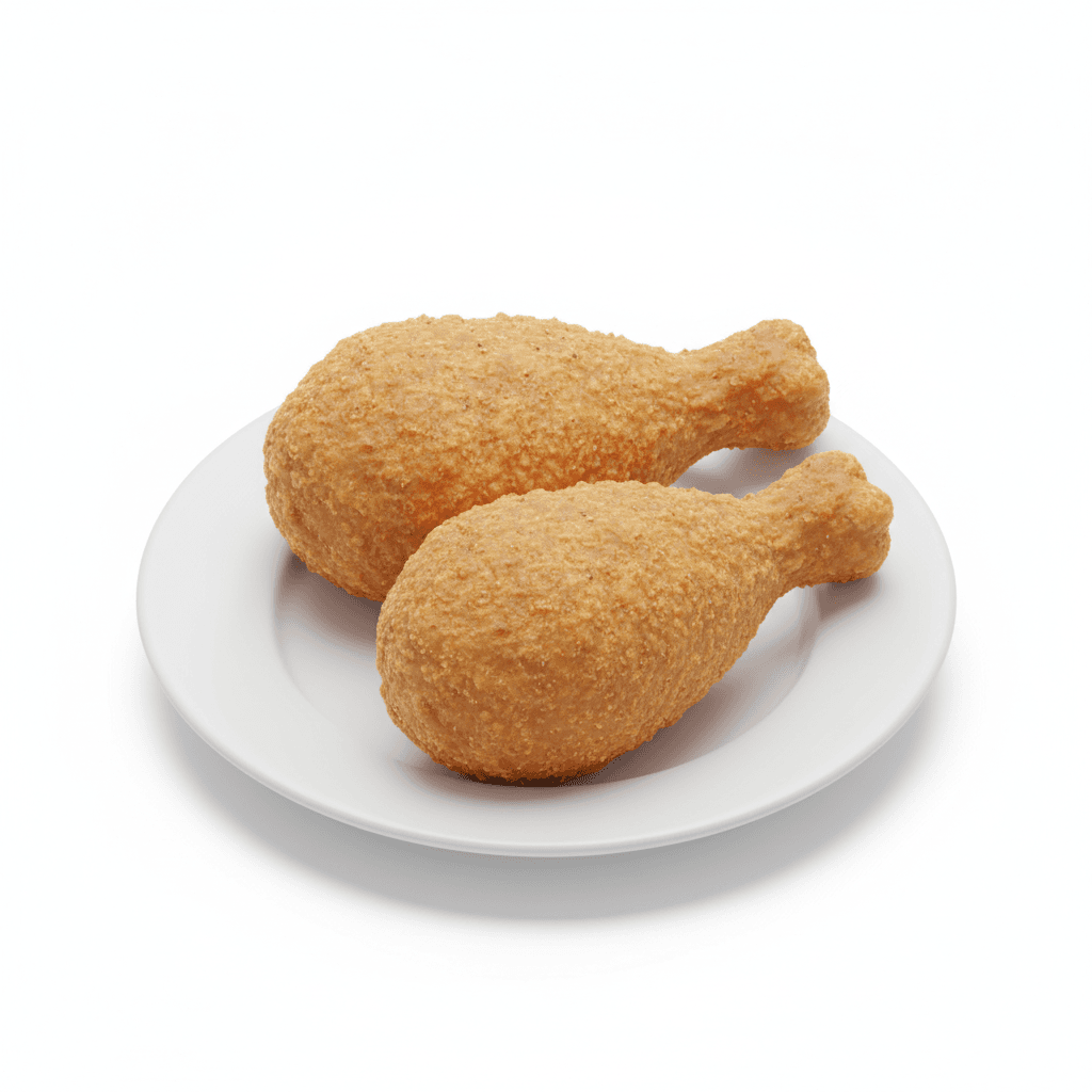 isometric 3D icon of two crispy fried chicken drumsticks on a white plate, golden brown color, realistic texture, clean minimal background, food delivery style