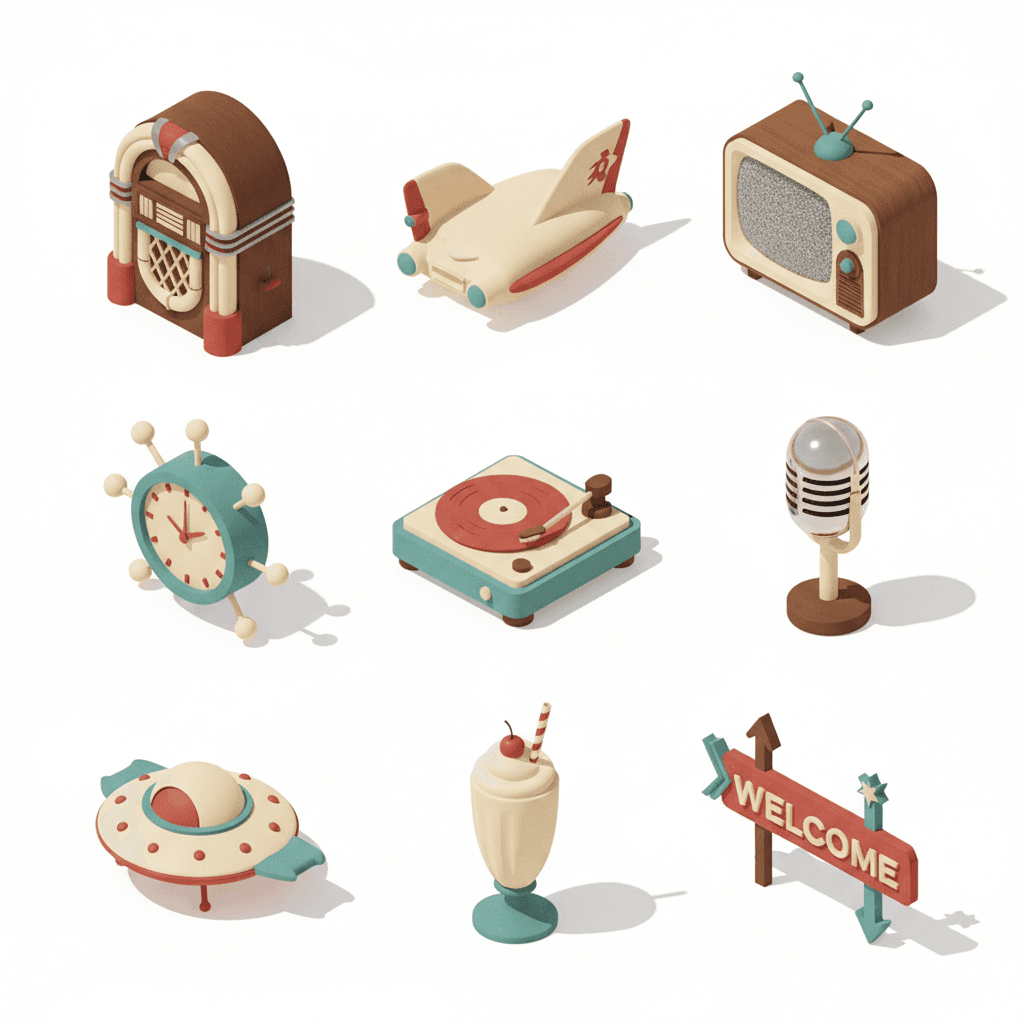 A set of vintage retro-style icons, designed with a classic 1950s aesthetic. Each icon should have a consistent color palette of warm muted tones (cream, brown, faded red, teal), subtle texture, and soft shadows. The icons should be clean, minimalistic, and easy to recognize, with a touch of nostalgic charm. Style inspired by old advertising illustrations and retro signage. High resolution, flat background, vector-style, cohesive design for an icon pack